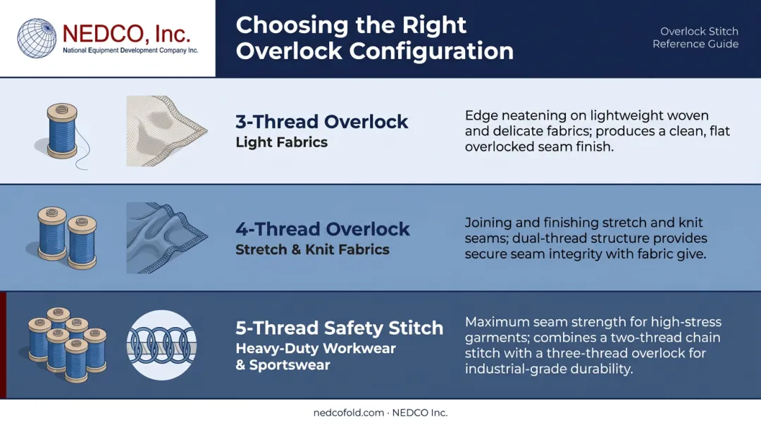 Three-thread four-thread five-thread overlock machine application comparison infographic