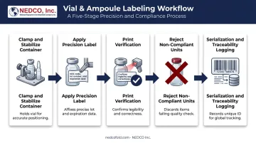 Pharmaceutical vial and ampoule labeling process ensuring regulatory compliance