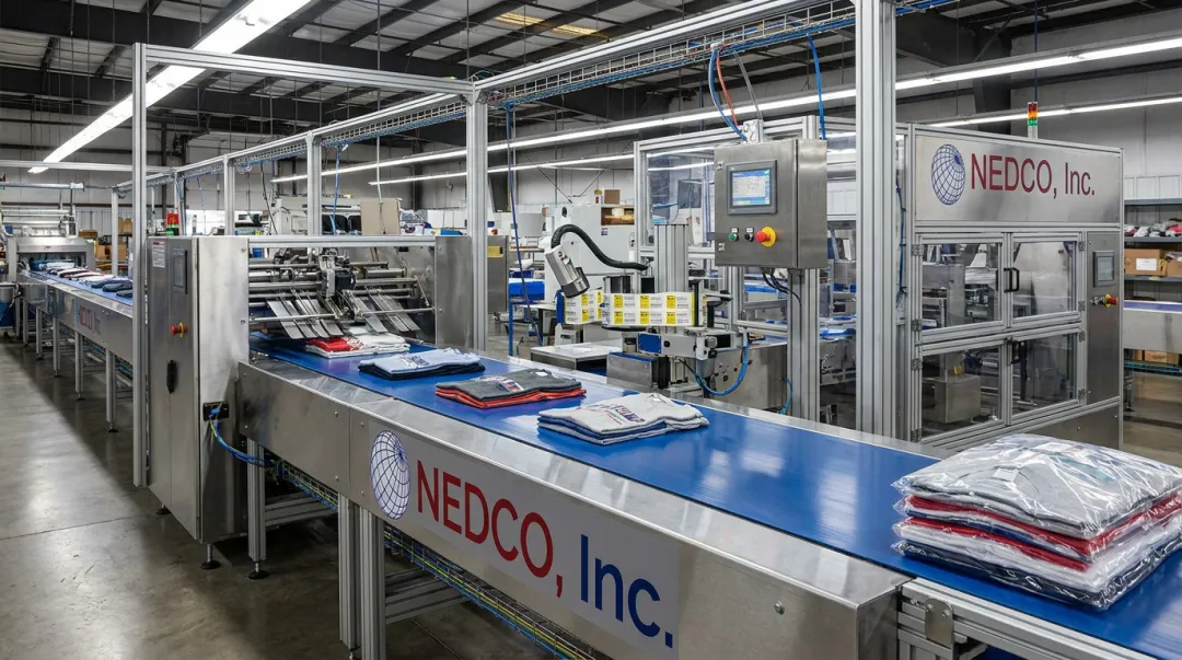 NEDCO CV-100 and CV-500 conveyor system on apparel finishing line