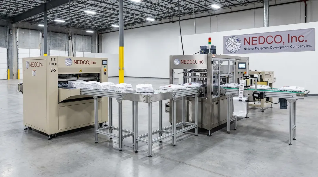 NEDCO automated t-shirt folding and finishing line equipment in production facility