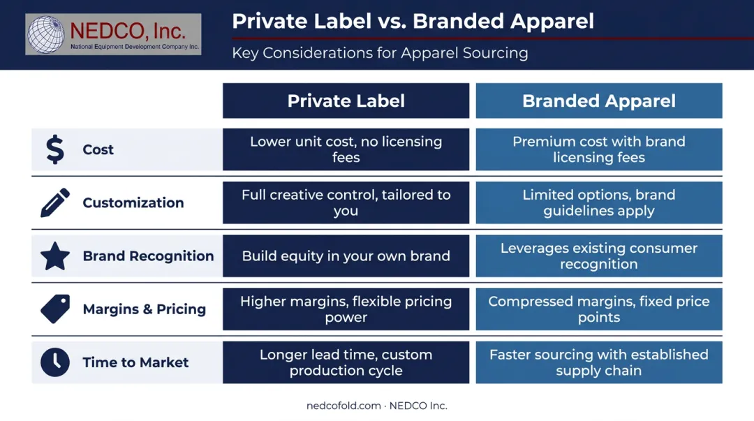 Private label versus branded apparel five-factor side-by-side comparison infographic