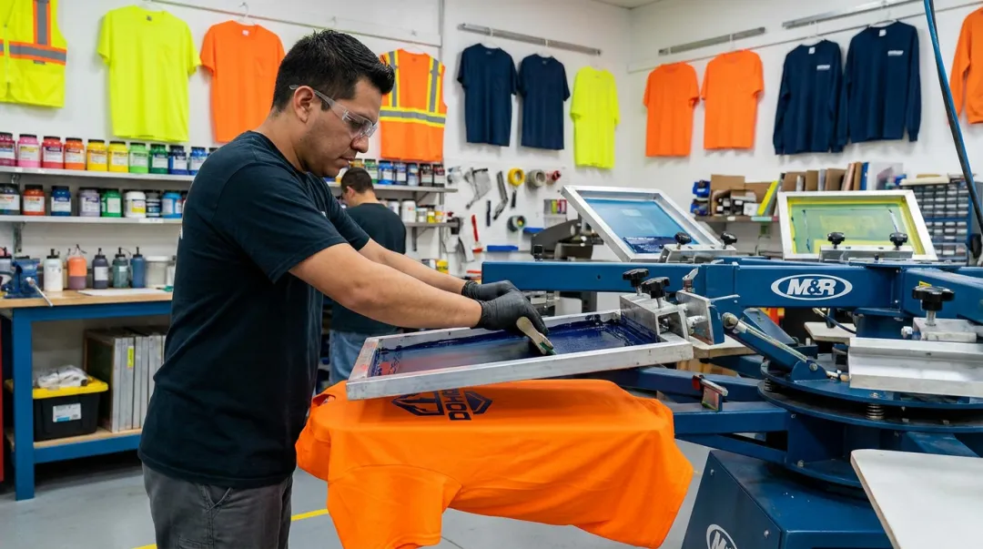 Screen printer applying decoration to branded blank apparel in production shop