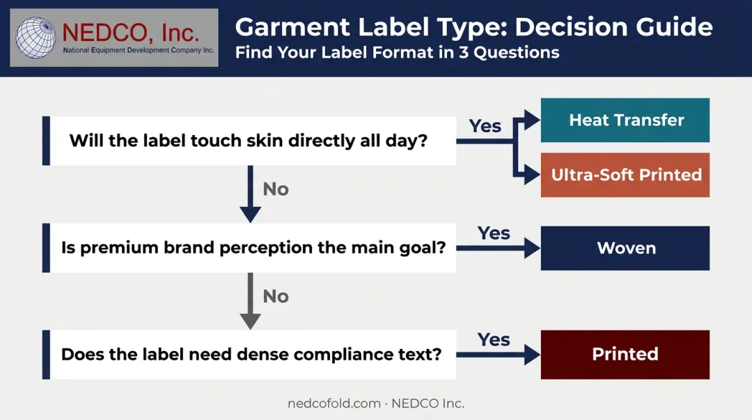 Three-question label selection decision framework flowchart for apparel manufacturers