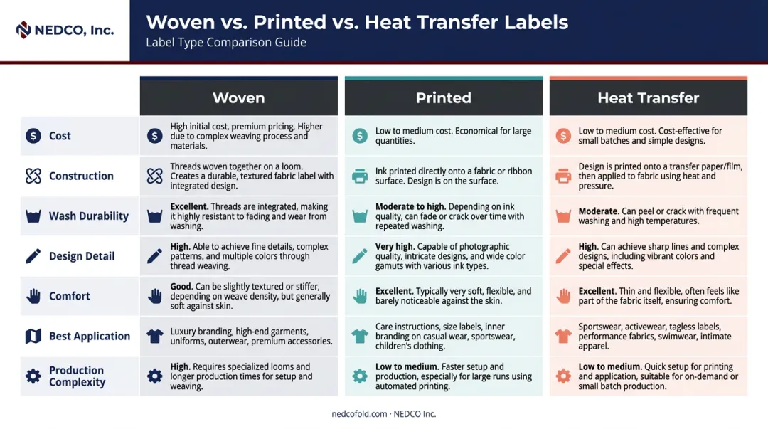 Woven printed and heat transfer label comparison chart across seven key factors