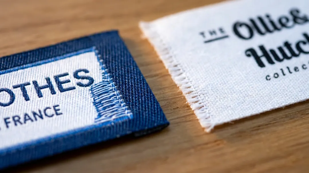 Close-up of woven garment label showing edge finishing and thread detail