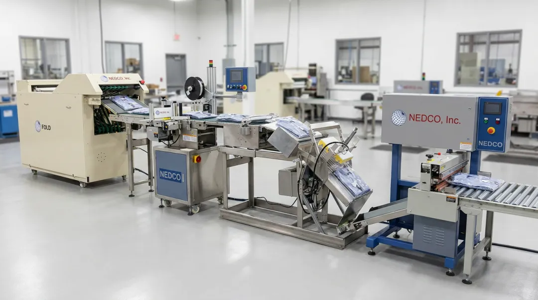 NEDCO conveyor integrated textile packaging line with folding labeling and bagging equipment