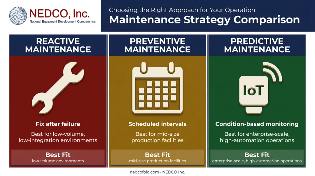 Three conveyor maintenance approaches reactive preventive and predictive comparison chart
