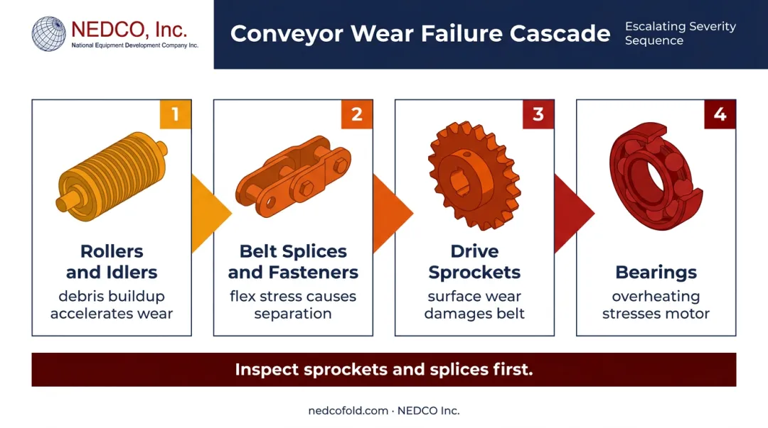 Four conveyor belt wear failure types and cascade failure sequence diagram