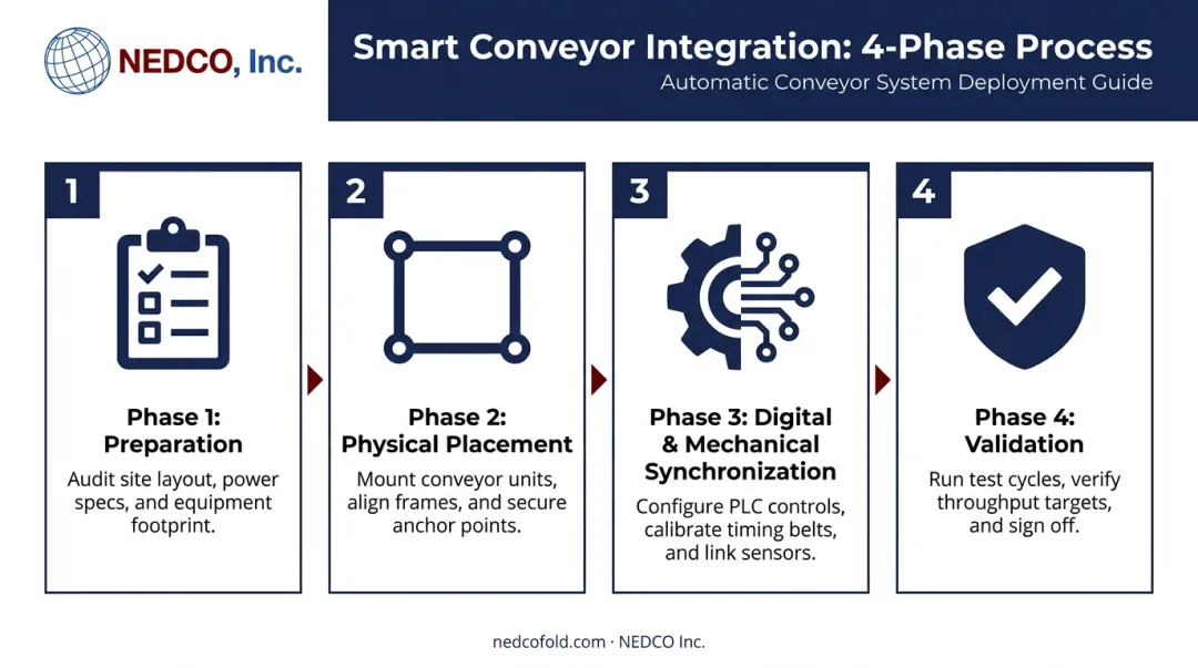 Four-phase smart conveyor integration process flow from preparation to validation