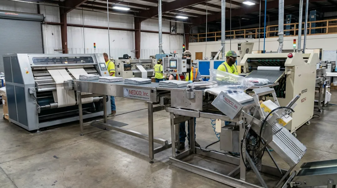 NEDCO automatic conveyor system integrated with folding labeling bagging sealing equipment