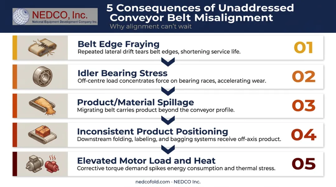 Five key consequences of conveyor belt misalignment illustrated as cause-effect chain