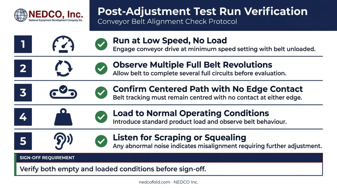 Five-step conveyor belt test run verification process from low-speed check to loaded confirmation