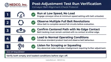 Five-step conveyor belt test run verification process from low-speed check to loaded confirmation