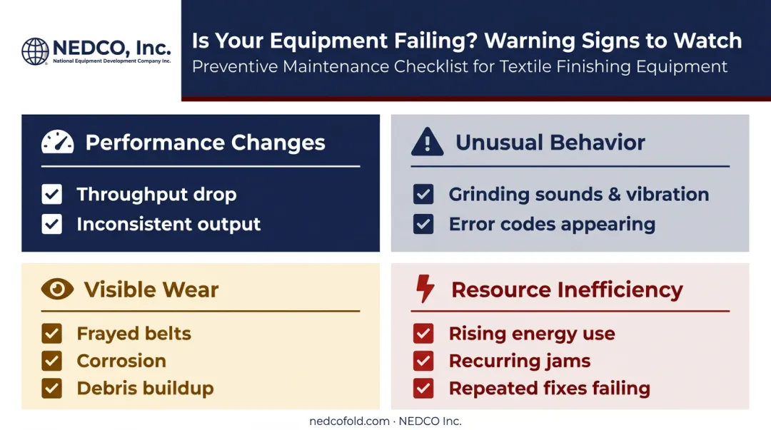 Manufacturing equipment warning signs checklist organized by four symptom categories