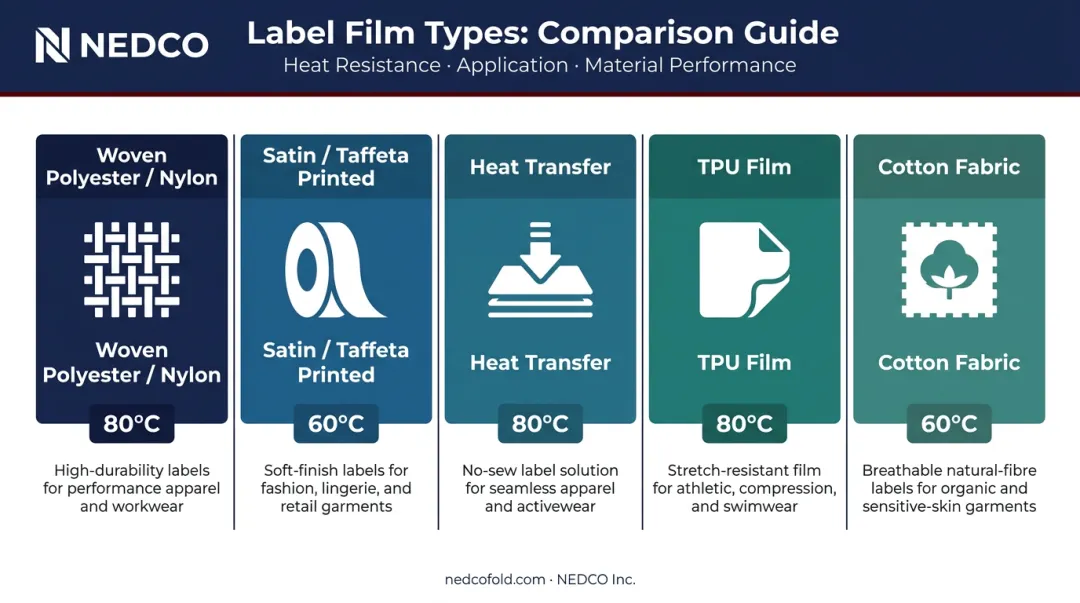 Five tumble-dry-safe garment label film types comparison chart heat resistance and application