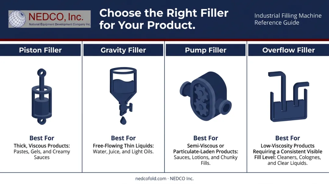 Four filling machine types matched to product viscosity and characteristics comparison chart