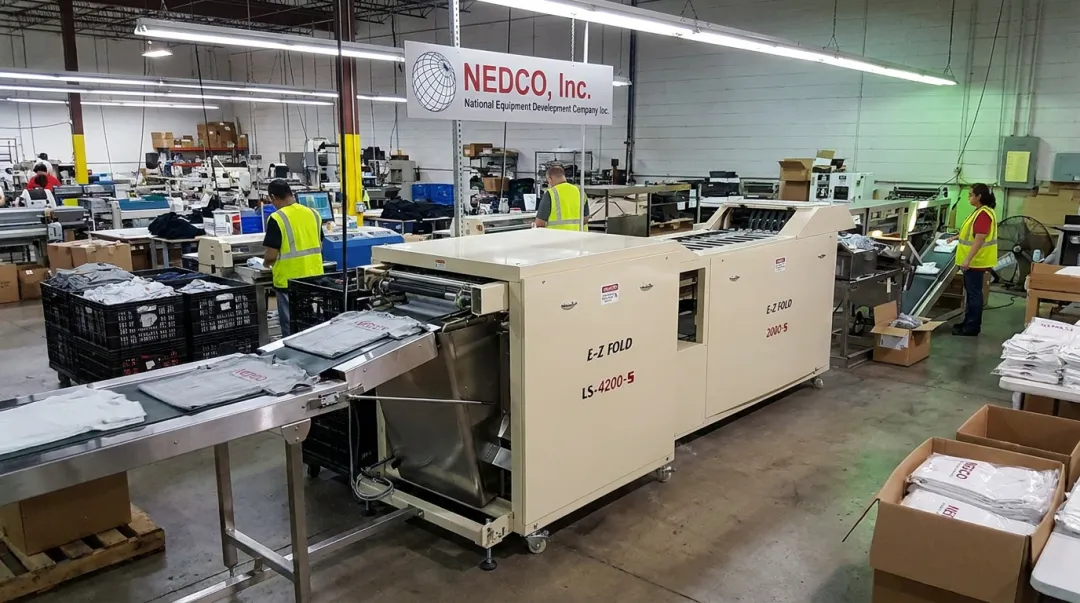 E-Z Fold NEDCO automatic garment folding and packaging machine system in operation
