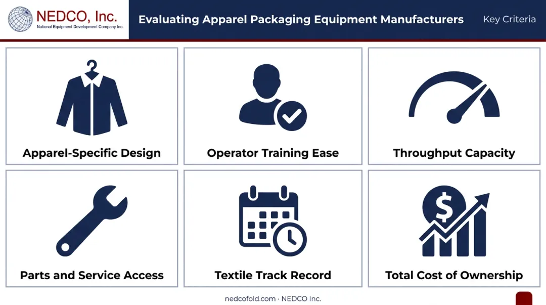 Six criteria for evaluating apparel packaging machine manufacturers comparison infographic