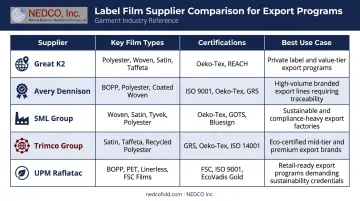 Five export garment label film suppliers comparison chart features certifications use cases
