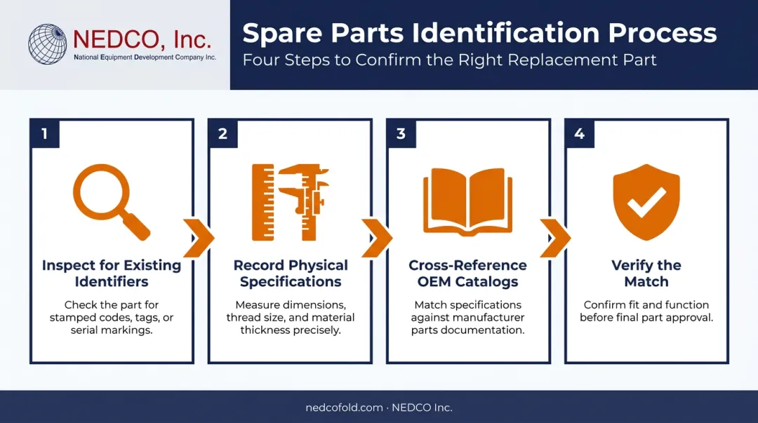 4-step industrial spare parts identification process from inspection to verification