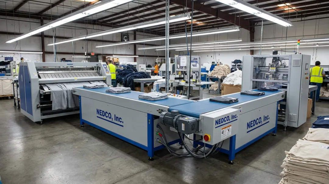 NEDCO automatic conveyor system connecting folding labeling and bagging equipment