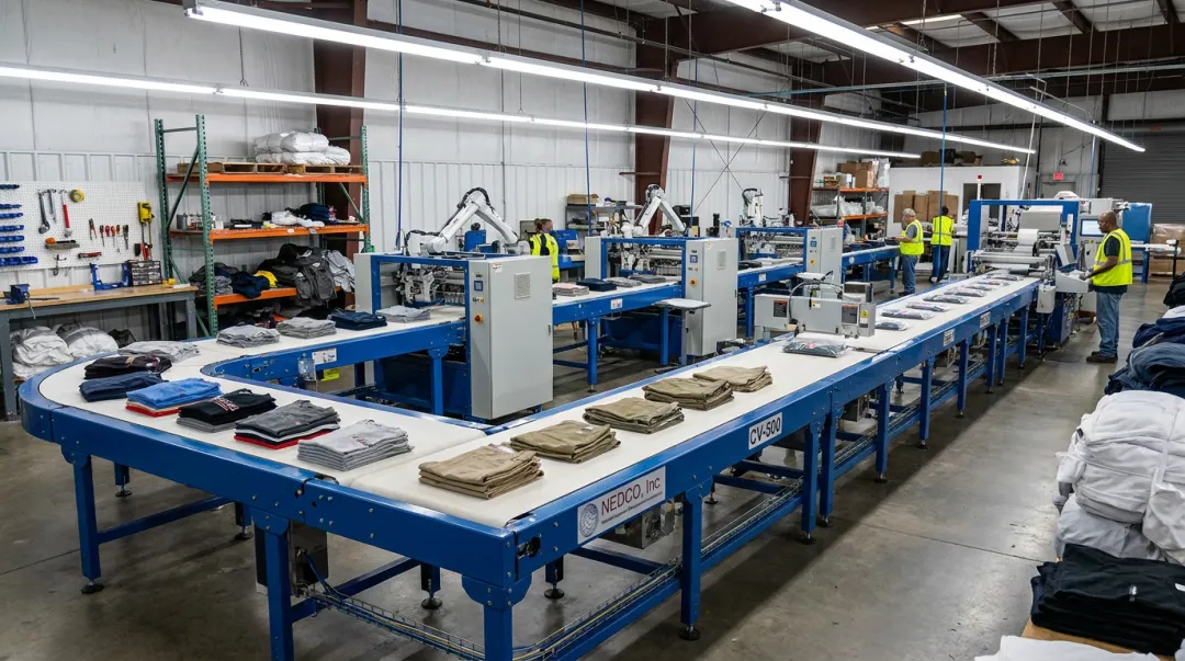 NEDCO CV-500 conveyor system synchronized with folding and packaging stations