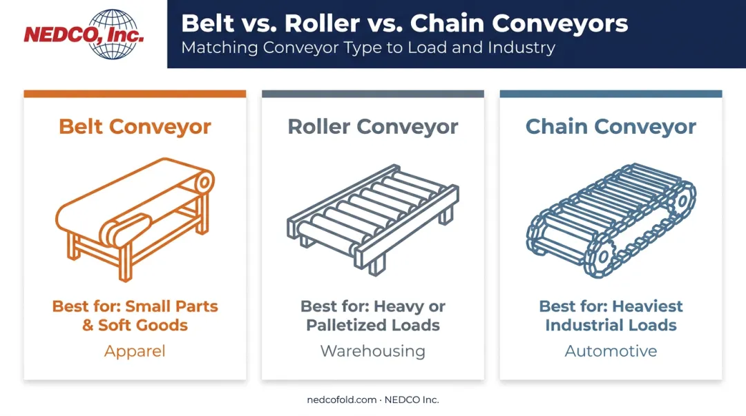 Belt roller and chain conveyor comparison chart by load type and use case