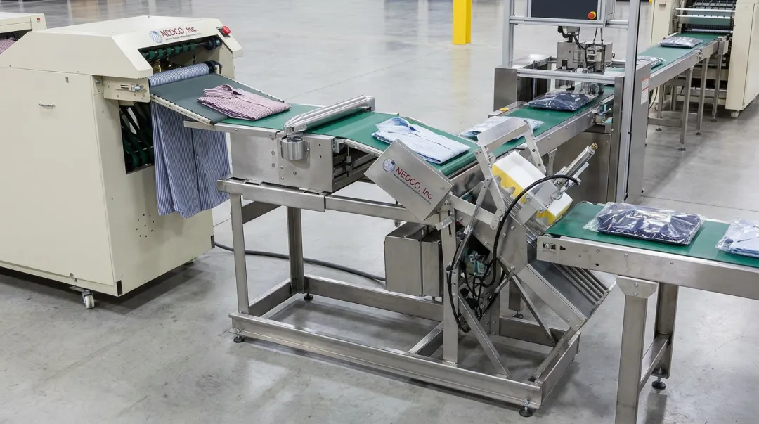 NEDCO E-Z Fold conveyor system integrated with automated garment folding and packaging equipment