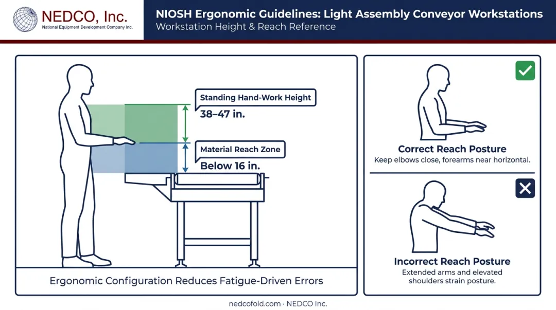 Ergonomic conveyor workstation height and reach guidelines for garment finishing operators