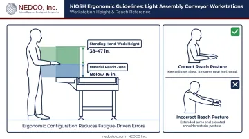 Ergonomic conveyor workstation height and reach guidelines for garment finishing operators