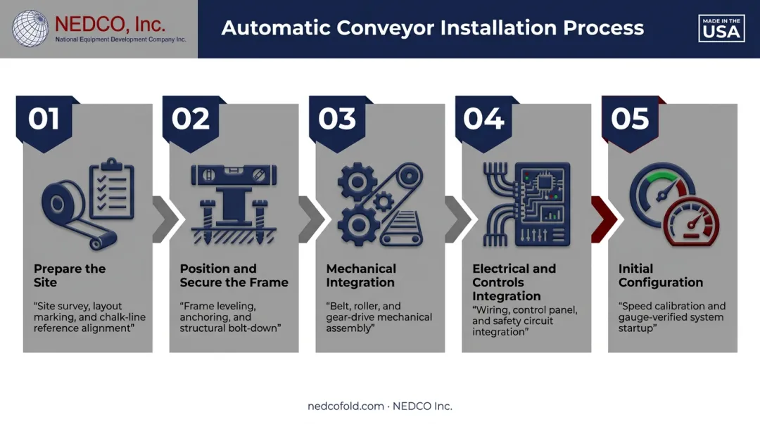 5-step conveyor installation process from site prep to testing