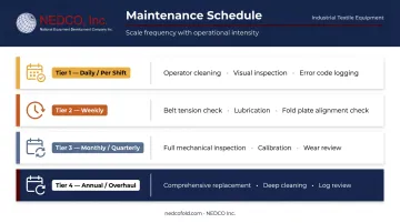 Textile equipment maintenance schedule by frequency from daily tasks to annual overhaul