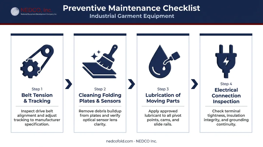 Four preventive maintenance tasks for garment folding equipment process flow