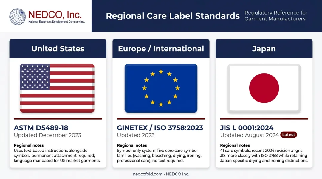 Care label standards comparison chart US Europe and Japan market requirements 2023-2024