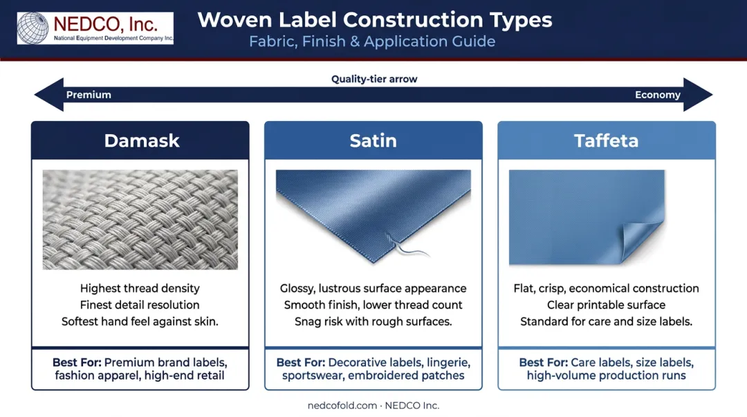 Three woven label constructions damask satin taffeta characteristics and best use comparison