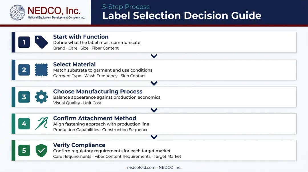 5-step garment label selection decision sequence from function to compliance verification