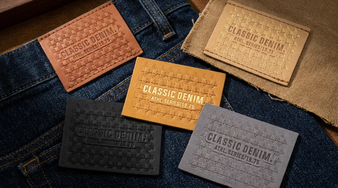 Premium leather garment labels showing embossed debossed and hot stamped branding examples