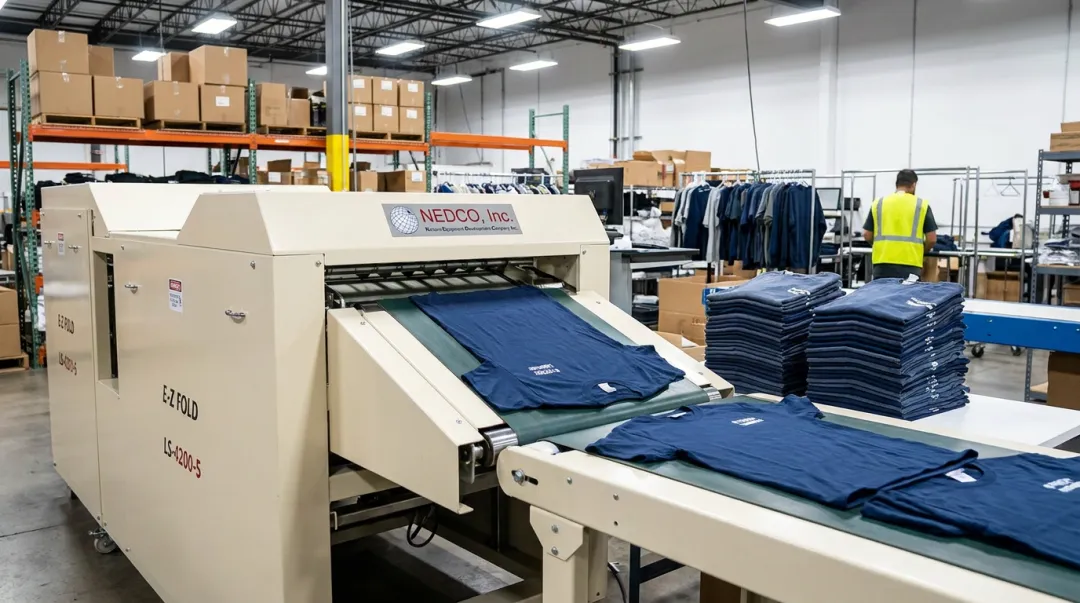 NEDCO E-Z Fold automated t-shirt folding machine producing consistent uniform garment folds