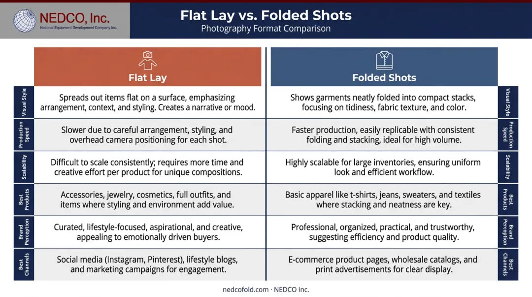 Flat lay versus folded apparel photography side-by-side comparison infographic