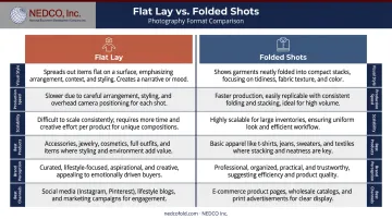 Flat lay versus folded apparel photography side-by-side comparison infographic