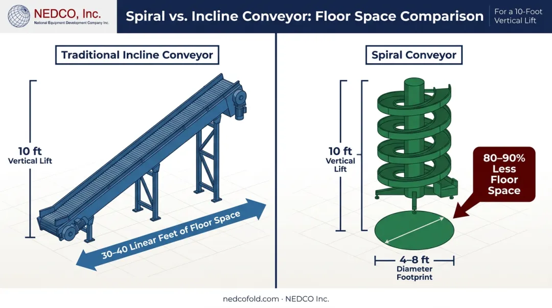 Spiral conveyor versus incline conveyor floor space footprint side-by-side comparison