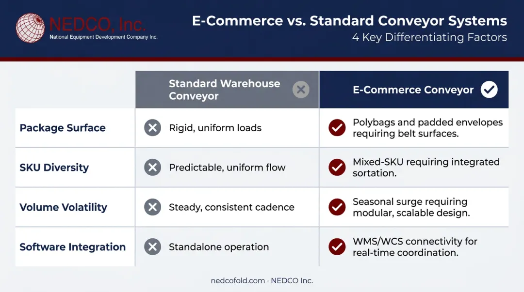 Four key e-commerce conveyor requirements versus standard warehouse conveyor limitations
