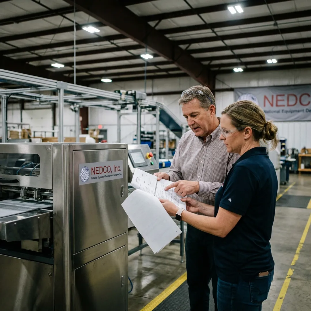 Manufacturing team reviewing equipment financing paperwork