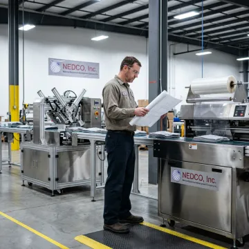 Technician reviewing conveyor system layout
