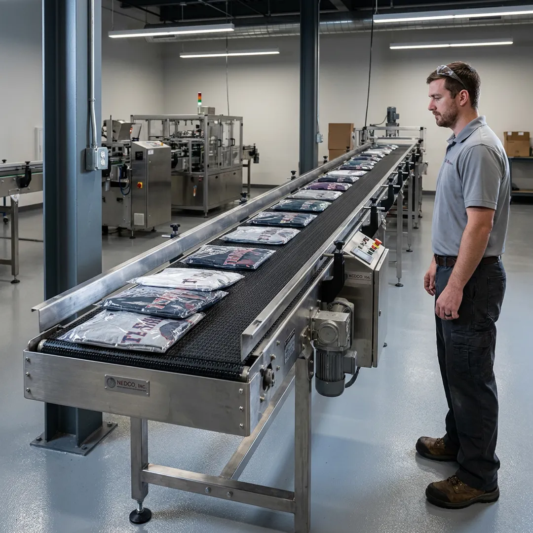 Accumulation conveyor system in apparel packaging facility