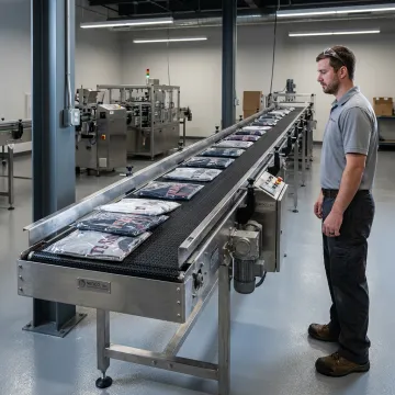 Accumulation conveyor system in apparel packaging facility
