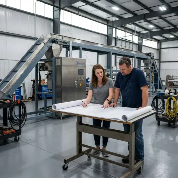 Technicians reviewing an industrial conveyor system layout