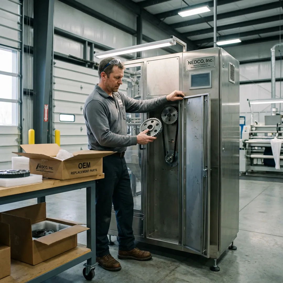 Technician matching OEM parts to packaging machinery