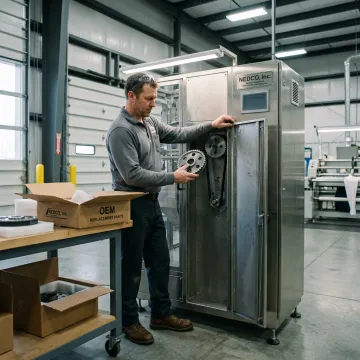 Technician matching OEM parts to packaging machinery