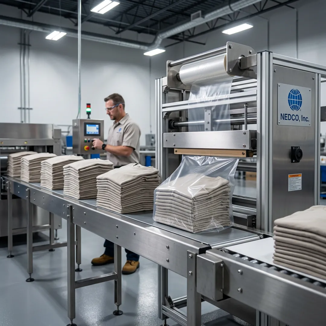 Industrial conveyor moving folded apparel through packaging